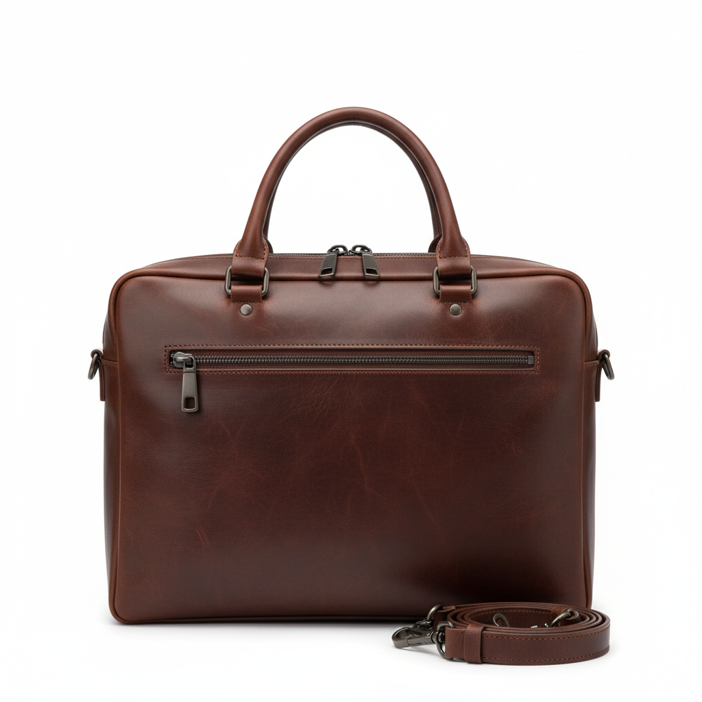 Men's Dark Brown Leather Briefcase - Front View
