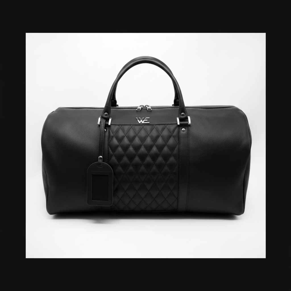 Men's Black Leather Duffel Bag - Front View