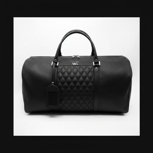 Men's Black Leather Duffel Bag - Front View