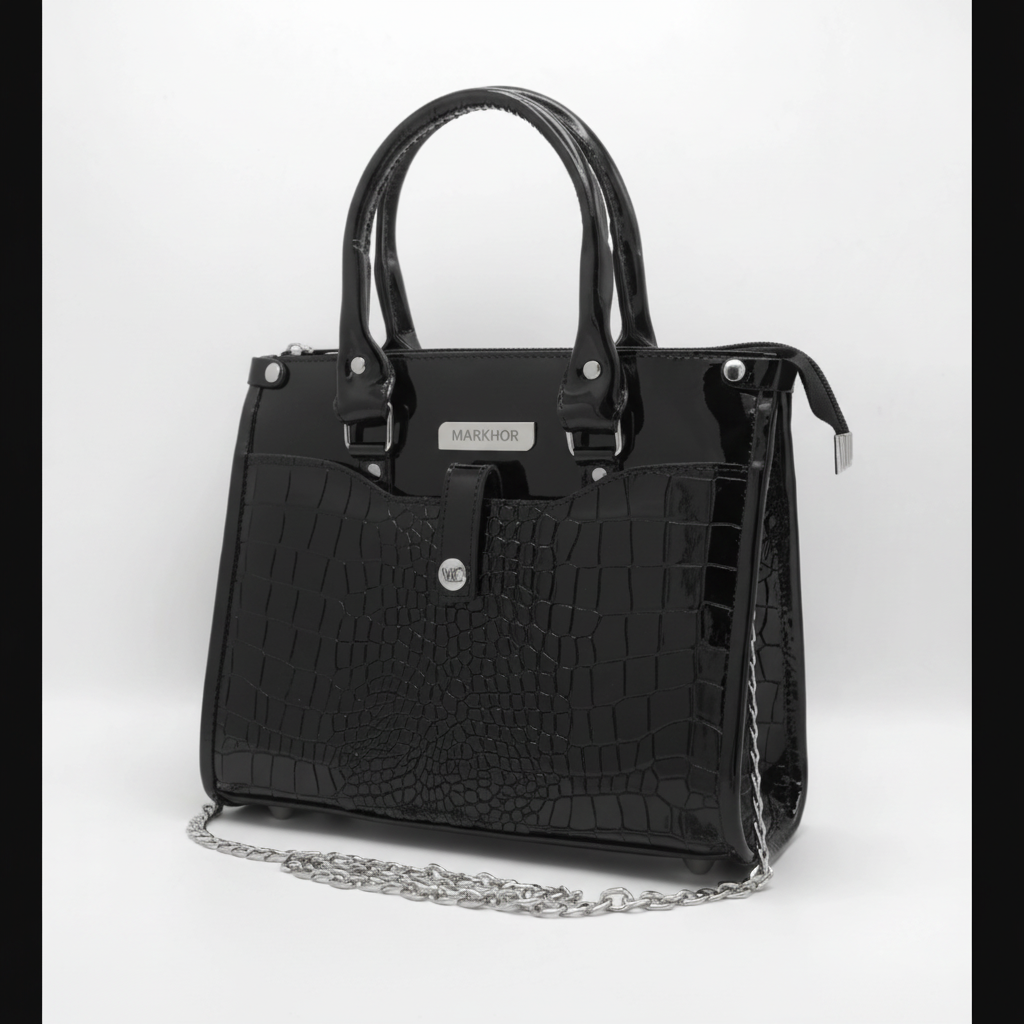 LS06 MARKHOR Black Patent Croc Tote - Main Angled Shot