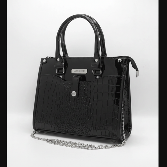 LS06 MARKHOR Black Patent Croc Tote - Main Angled Shot