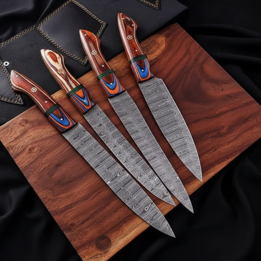 Damascus steel knife set colorful resin handles fan spread