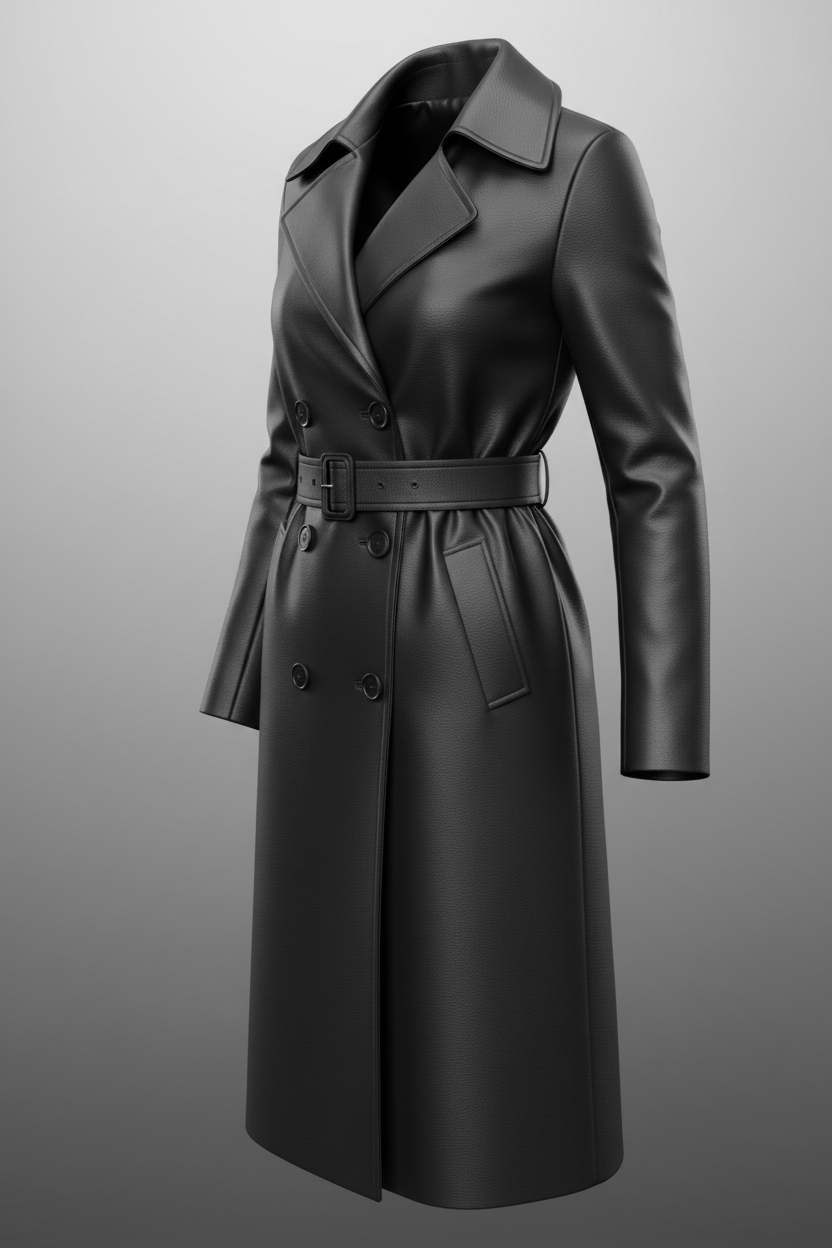 LC01 MARKHOR Women's Black Leather Trench Coat - 3D Model Render