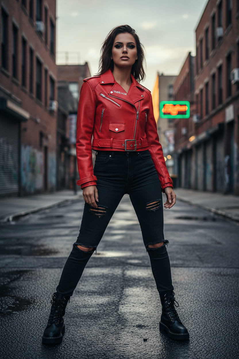 LC03 MARKHOR Women's Red Leather Cropped Biker Jacket - Lifestyle Shot