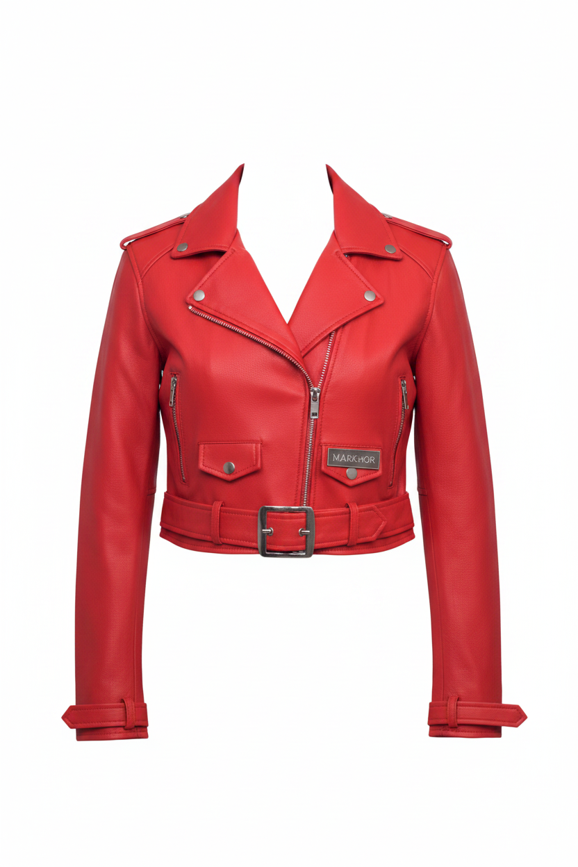 LC03 MARKHOR Women's Red Leather Cropped Biker Jacket - Front View