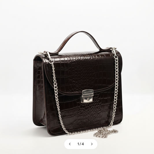 LS09 MARKHOR Dark Brown Patent Croc Crossbody - Main Angled Shot