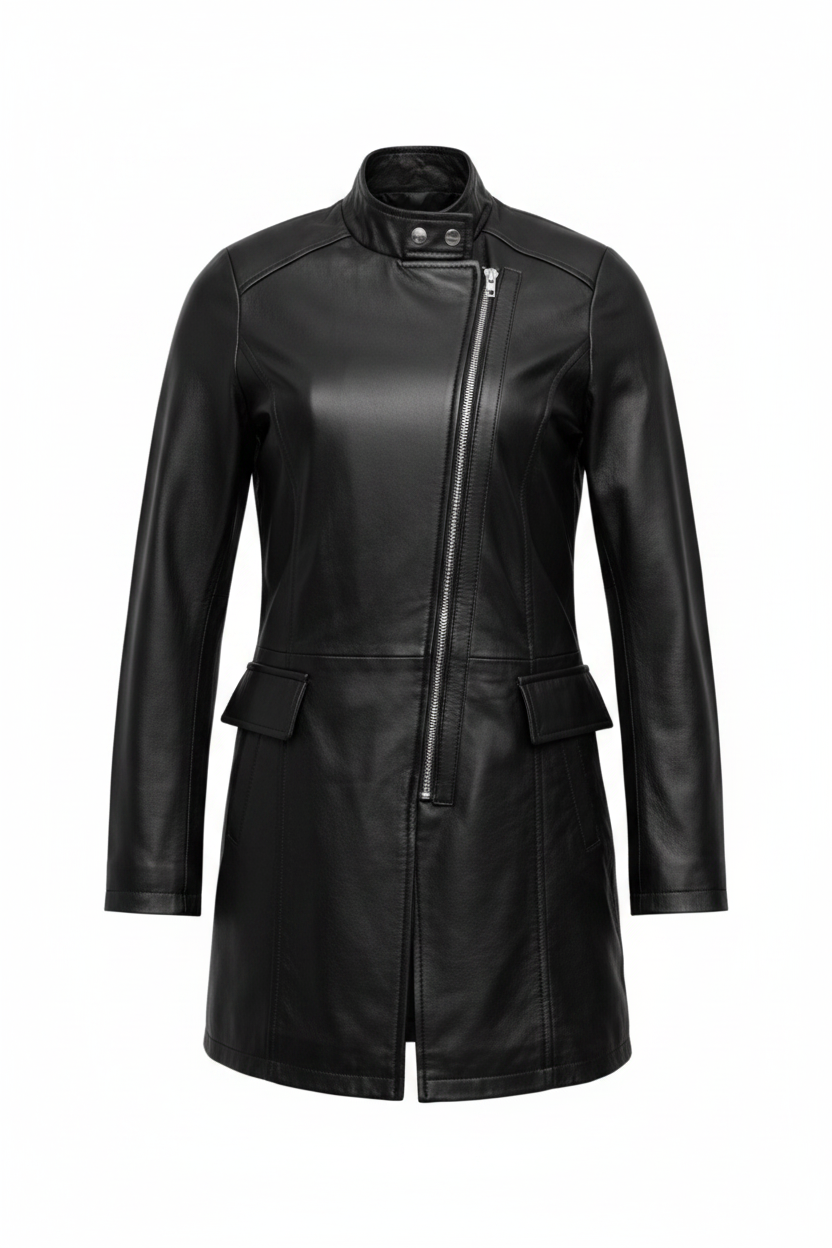 LC02 MARKHOR Women's Black Leather Moto Zip Coat - Front View