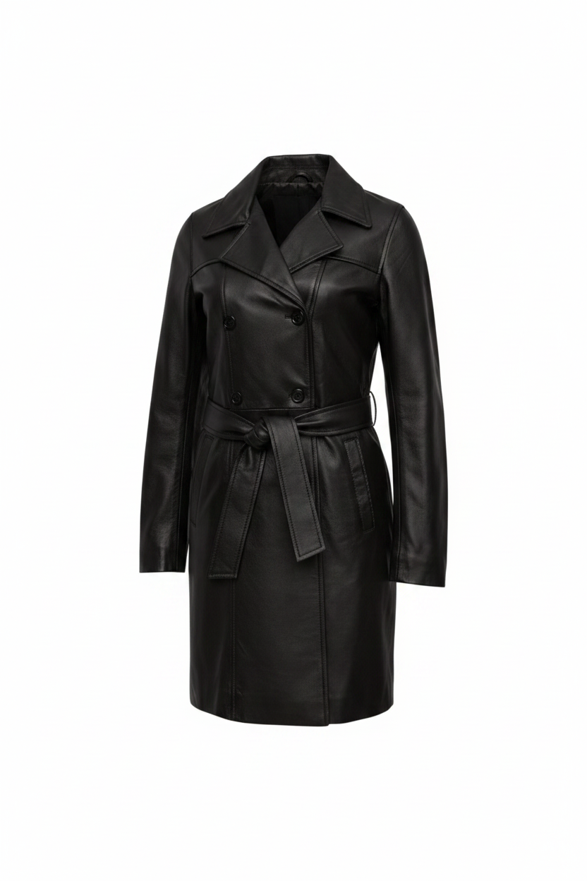 LC01 MARKHOR Women's Black Leather Trench Coat - Front View