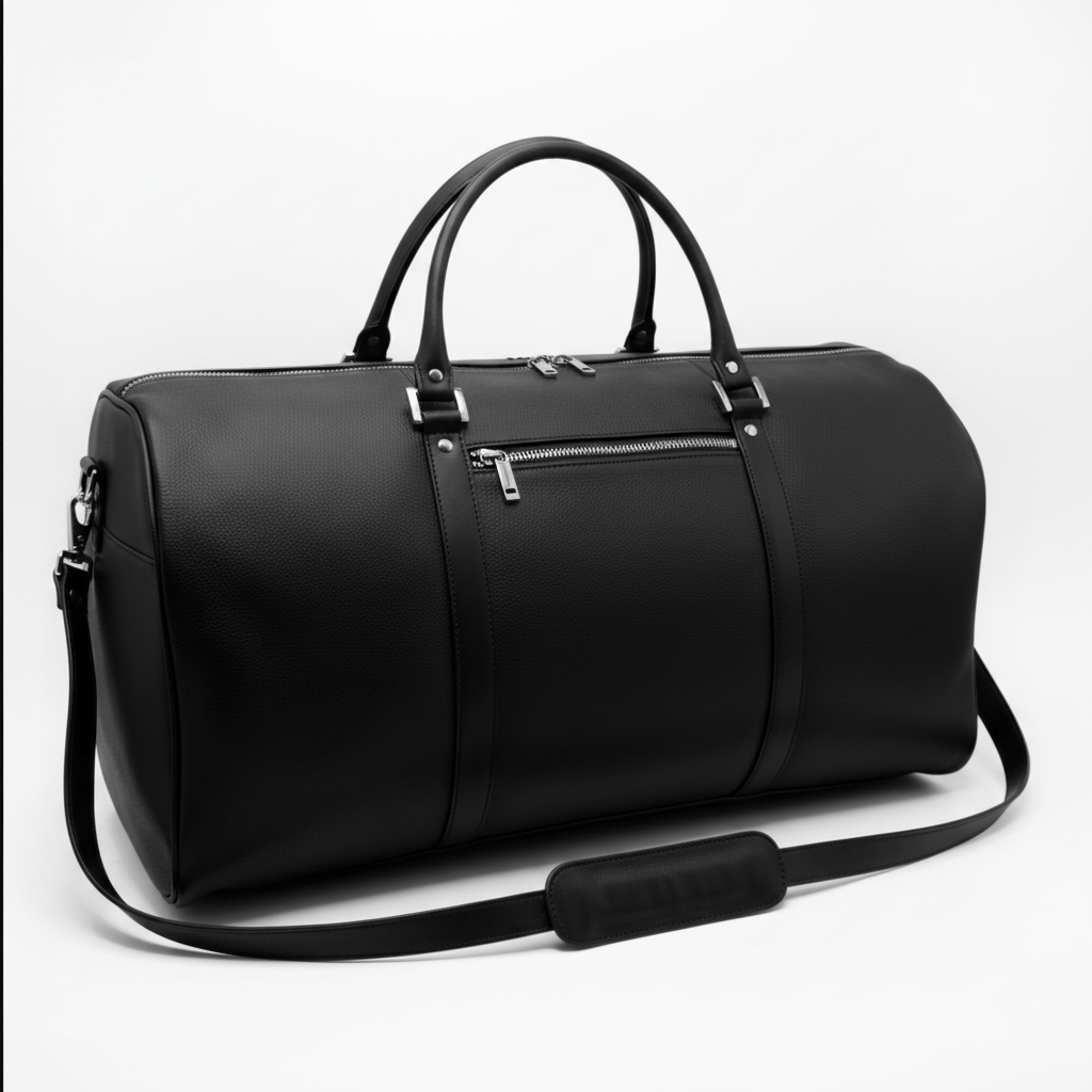 Men's Black Leather Duffel Bag - Rear View