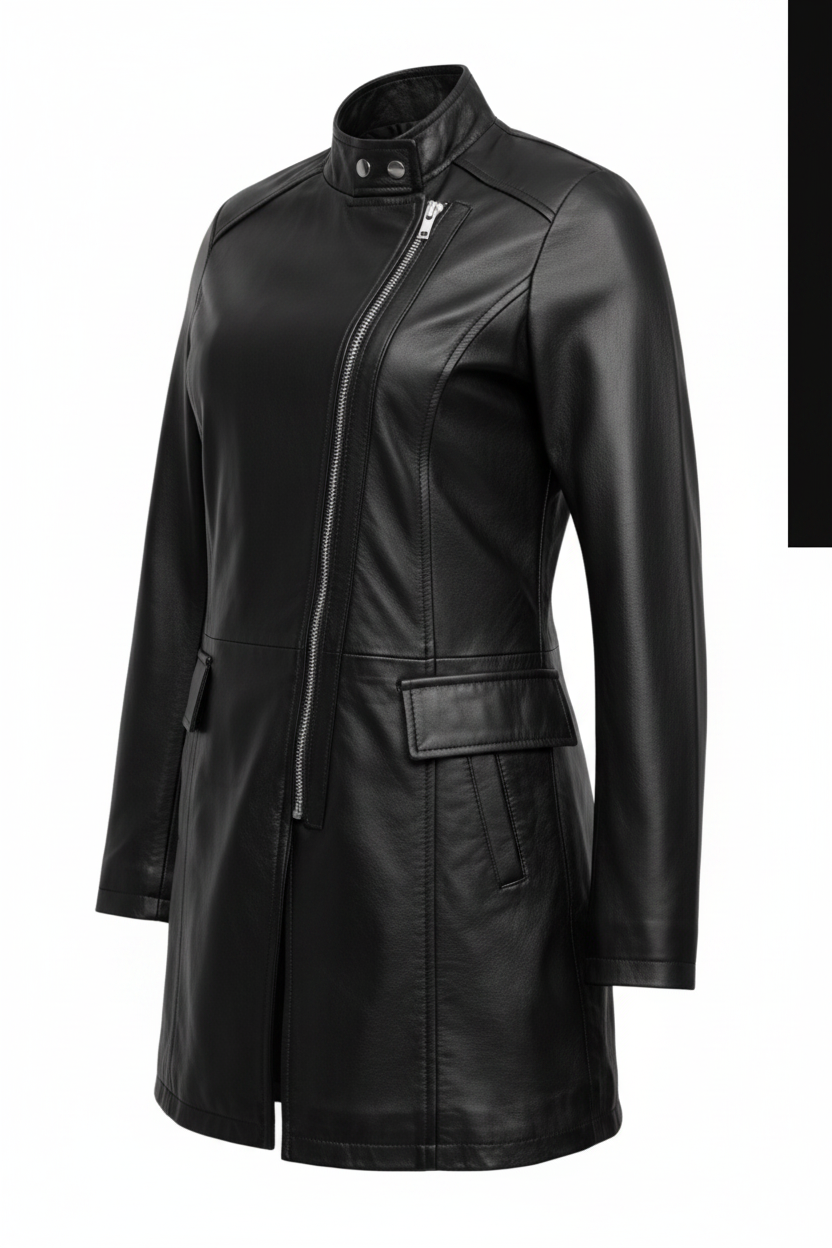 LC02 MARKHOR Women's Black Leather Moto Zip Coat - Main Angled Shot