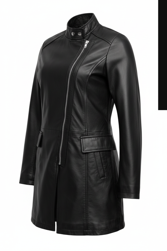 LC02 MARKHOR Women's Black Leather Moto Zip Coat - Main Angled Shot