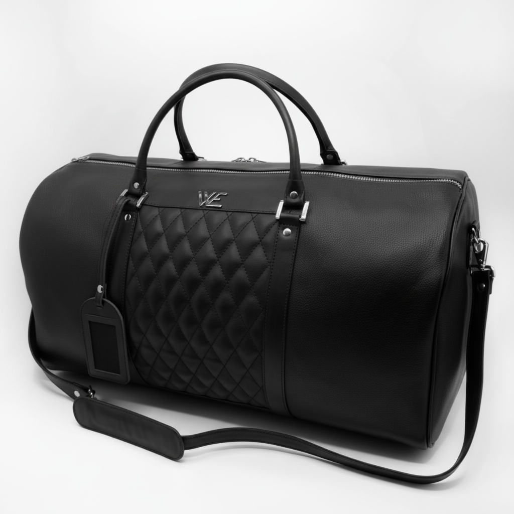Men's Black Leather Duffel Bag - Side Angle View
