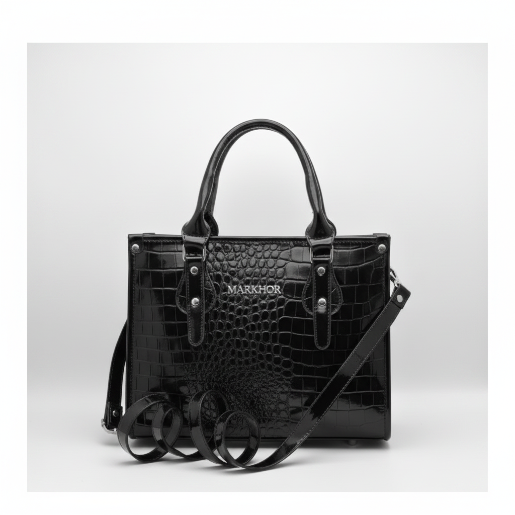 LS07B MARKHOR Black Patent Croc Compact Tote - Front View