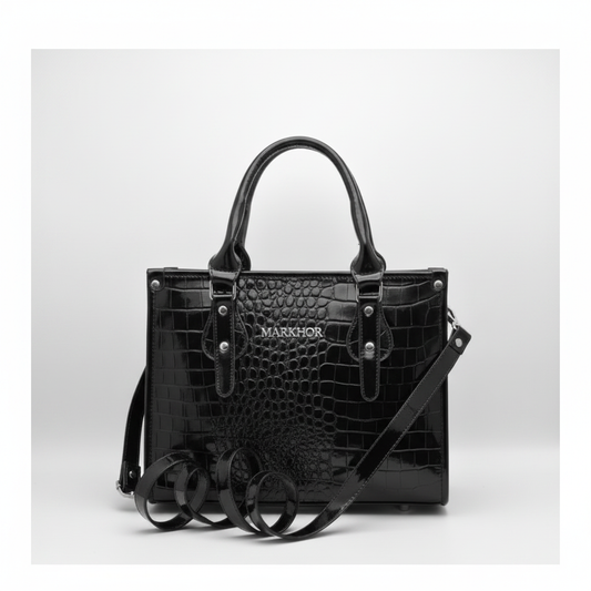 LS07B MARKHOR Black Patent Croc Compact Tote - Front View