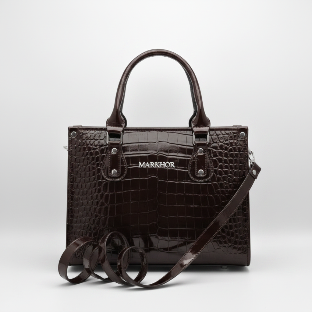 LS07C MARKHOR Dark Brown Patent Croc Tote - Front View