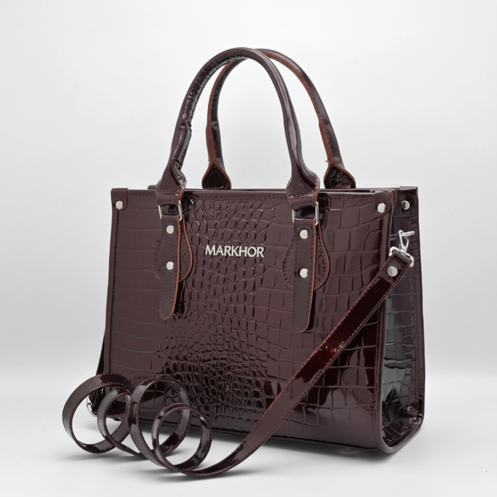LS07 MARKHOR Dark Chocolate Patent Croc Tote - Main Angled Shot
