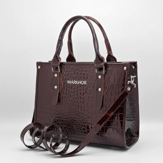 LS07 MARKHOR Dark Chocolate Patent Croc Tote - Main Angled Shot