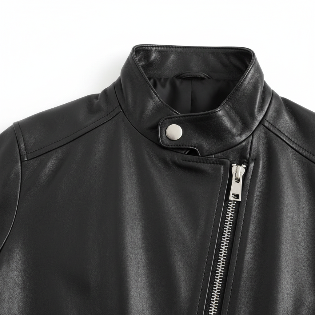 LC02 Black Leather Moto Coat - Zip & Collar Detail