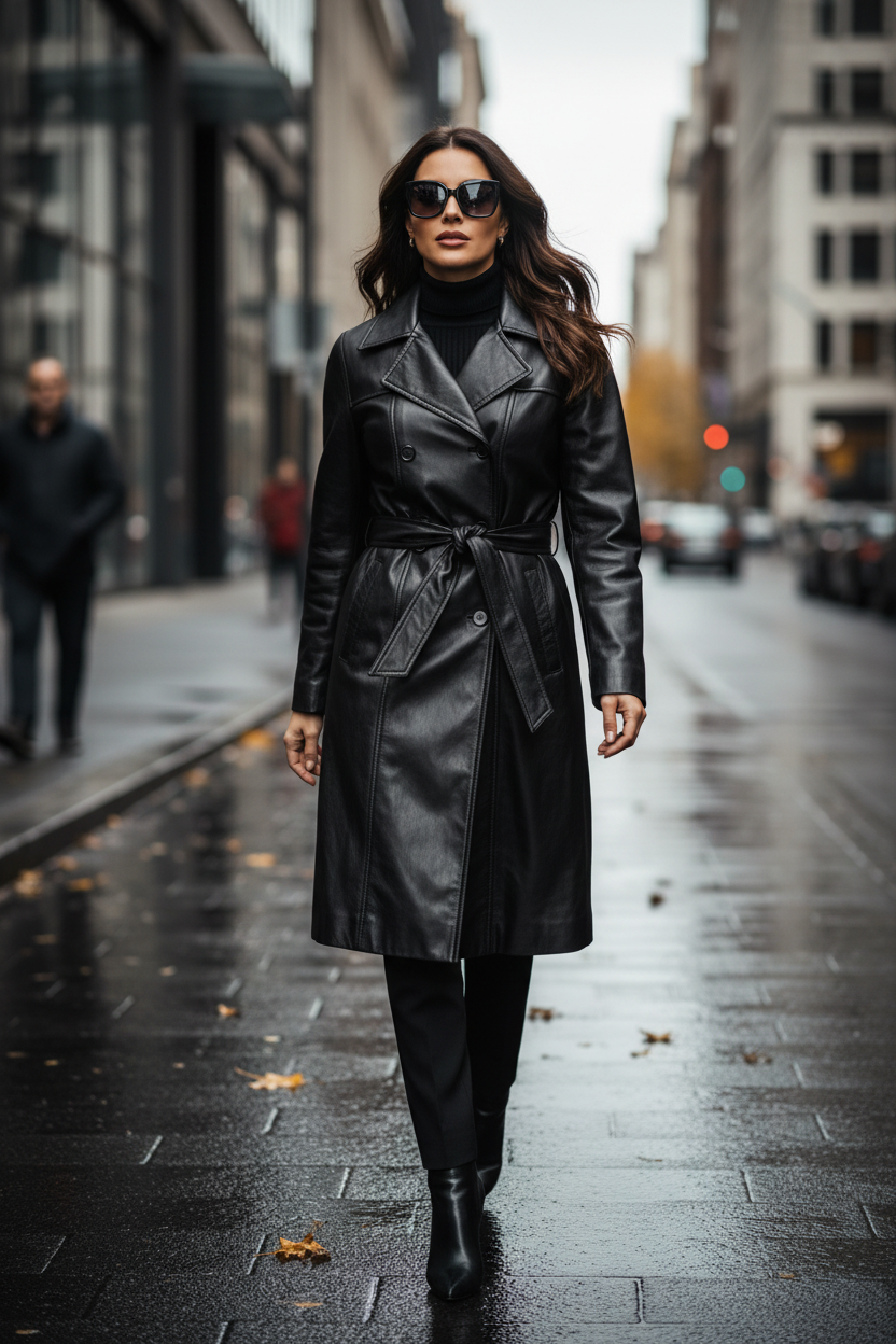 LC01 MARKHOR Women's Black Leather Trench Coat - Lifestyle Shot