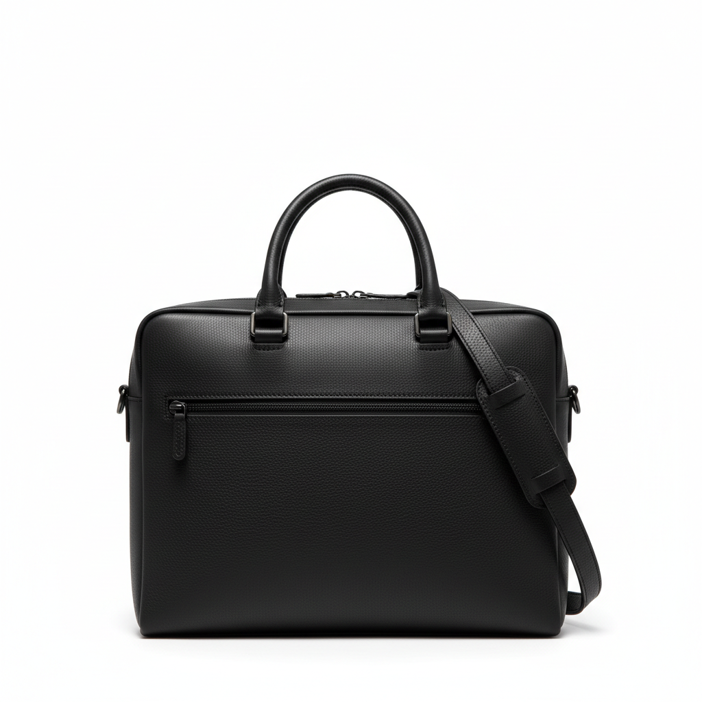 Men's Black Leather Briefcase - Front View