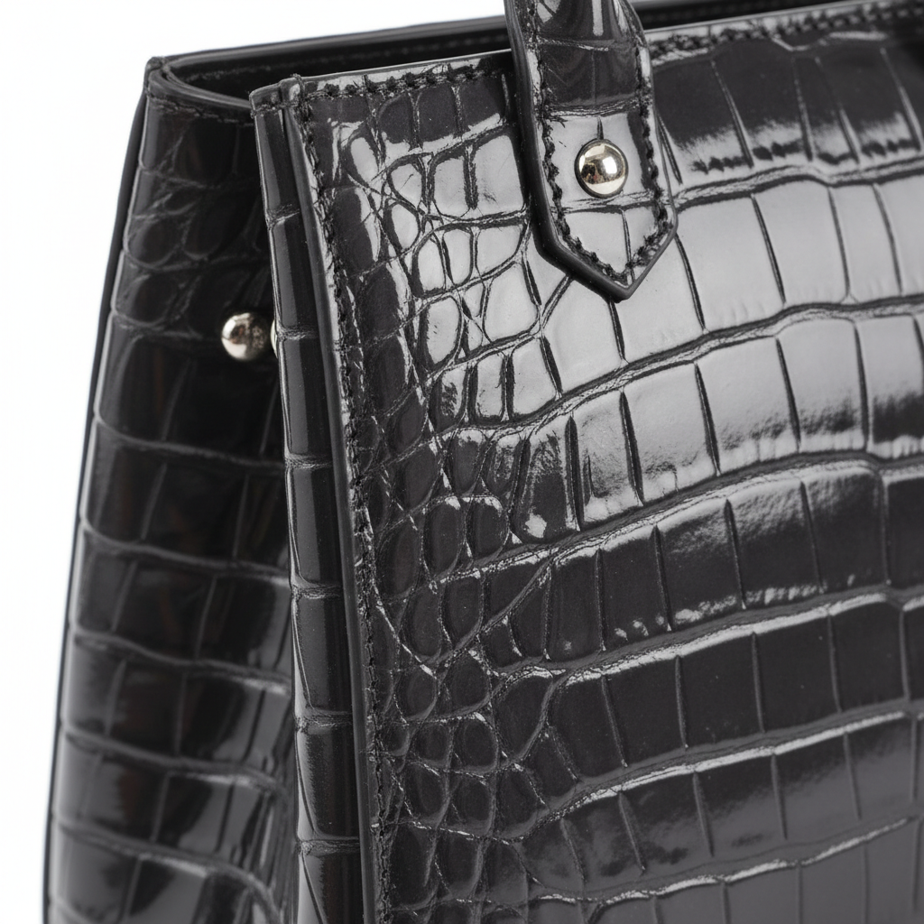 LS08 Charcoal Grey Patent Croc Leather Texture Detail