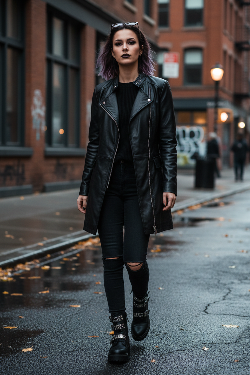 LC02 MARKHOR Women's Black Leather Moto Zip Coat - Lifestyle Shot