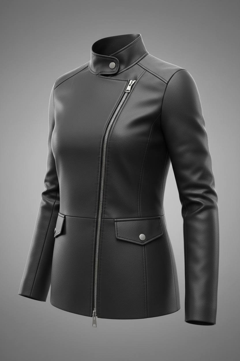 LC02 MARKHOR Women's Black Leather Moto Zip Coat - 3D Model Render