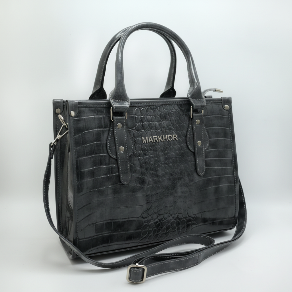LS08 MARKHOR Charcoal Grey Patent Croc Tote - Main Angled Shot