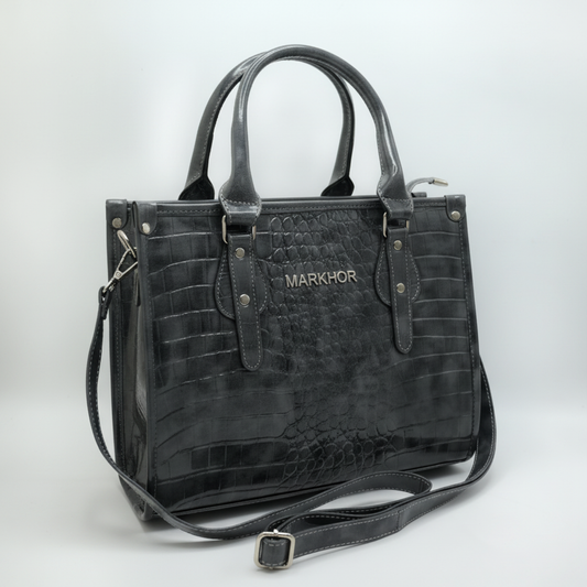 LS08 MARKHOR Charcoal Grey Patent Croc Tote - Main Angled Shot