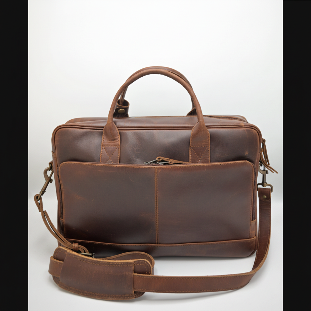 Men's Brown Leather Briefcase - Front View