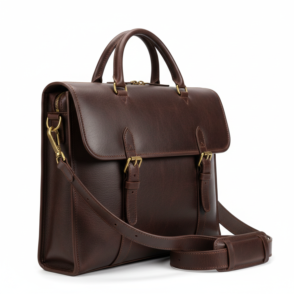 Men's Dark Brown Leather Briefcase - Side Angle View