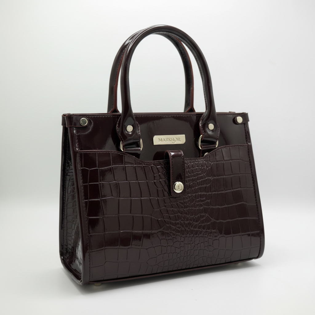 LS05 MARKHOR Deep Plum Patent Croc Tote - Main Angled Shot