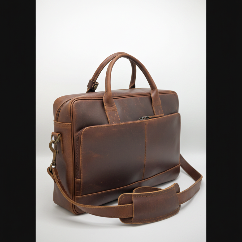 Men's Brown Leather Briefcase - Side Angle View