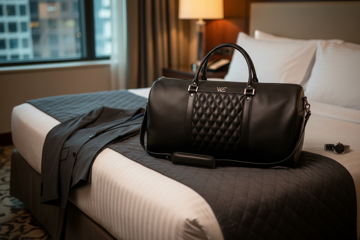 Men's Black Leather Duffel Bag - Lifestyle Shot