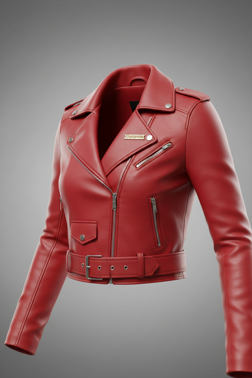 LC03 MARKHOR Women's Red Leather Cropped Biker Jacket - 3D Model Render