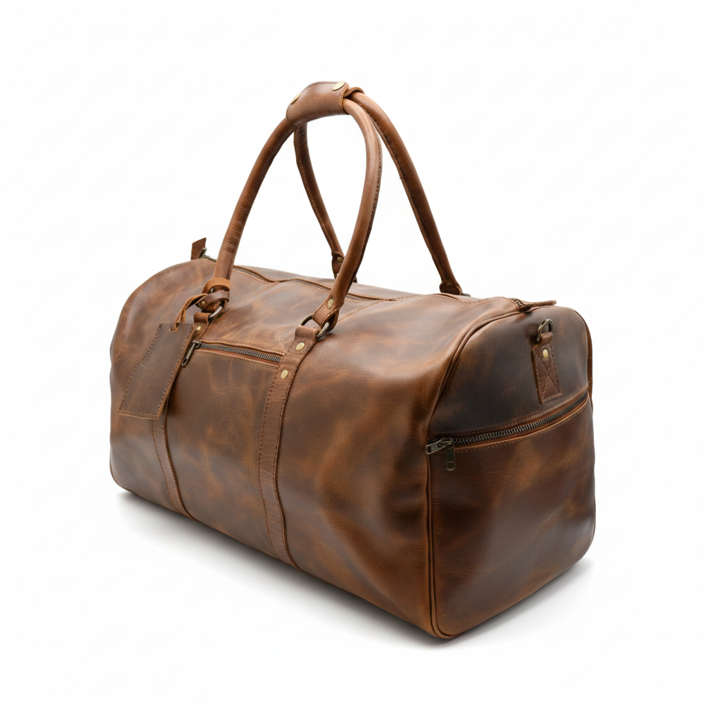 Men's Leather Duffel Bag - Side Angle View