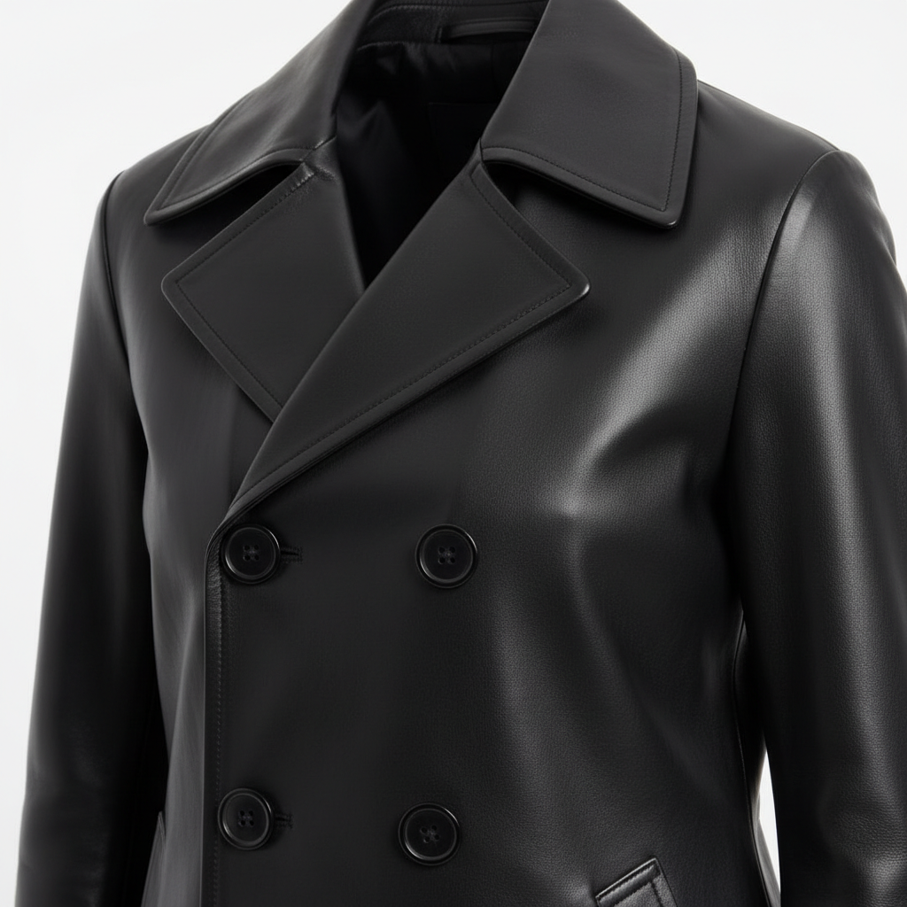 LC01 Black Leather Trench Coat - Button & Lapel Detail