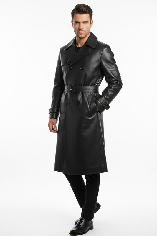 Men's Black Leather Trench Coat with Pants