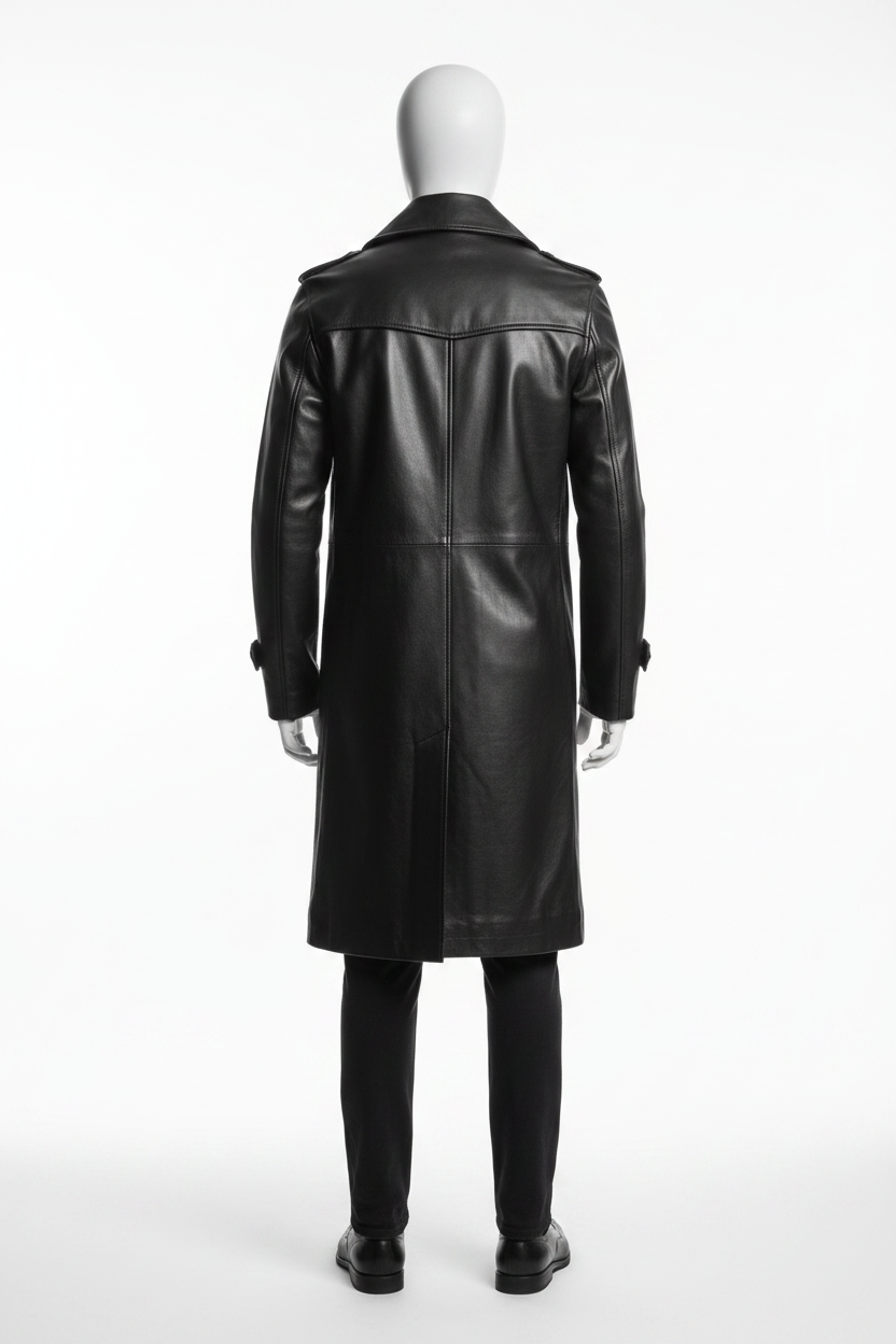 Men's Long Black Leather Coat – Back Angle