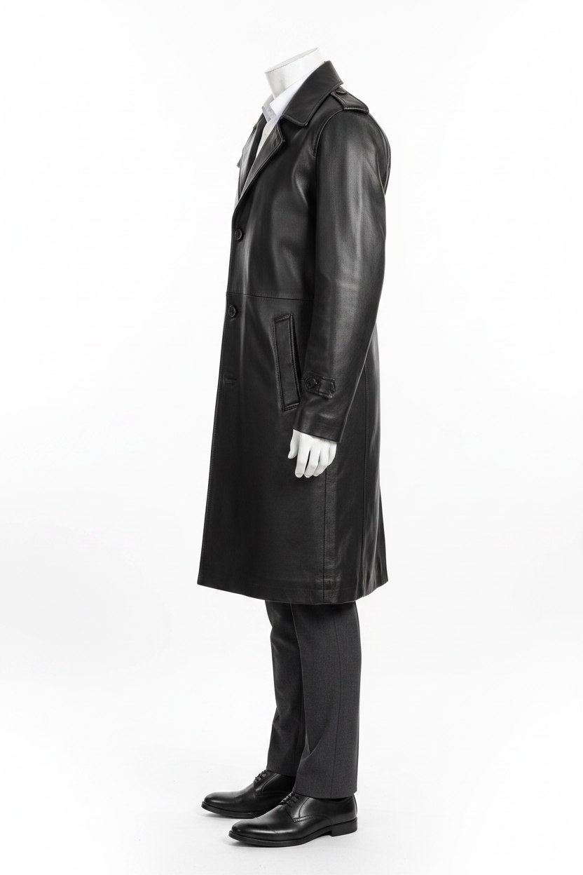 Men's Long Black Leather Coat – Side Angle